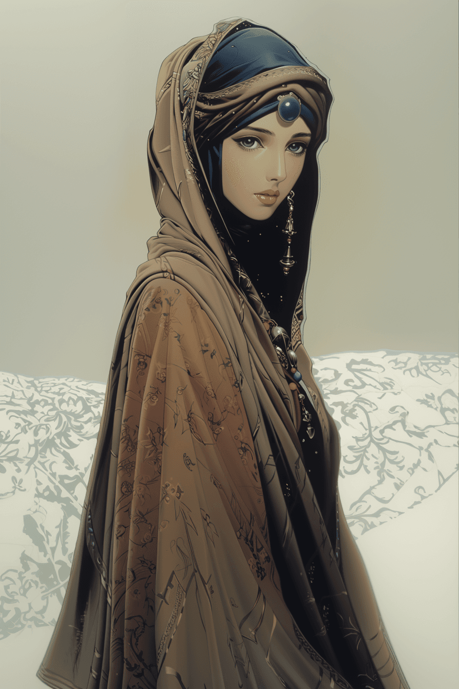 AI generated: A beautiful traditional Arabic woman wearing an alternative outfit. Full portrait. Anime art by Yuta...