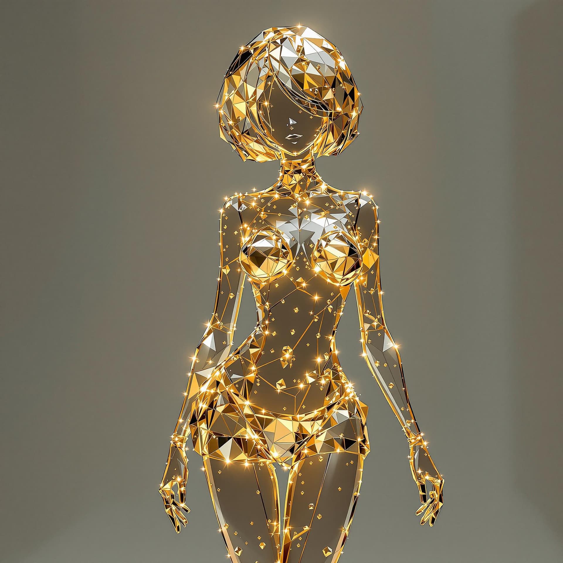 AI generated: Transparent short hair and short skirt girl made of gold diamonds