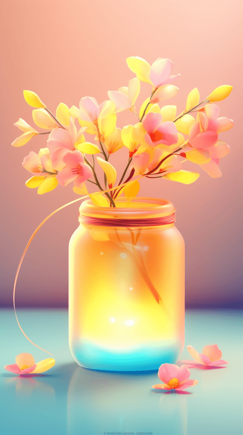 AI generated: Retro Neon matte yellow glass jar with delicate pink blossom and artistic blue vector hd on soft pas...