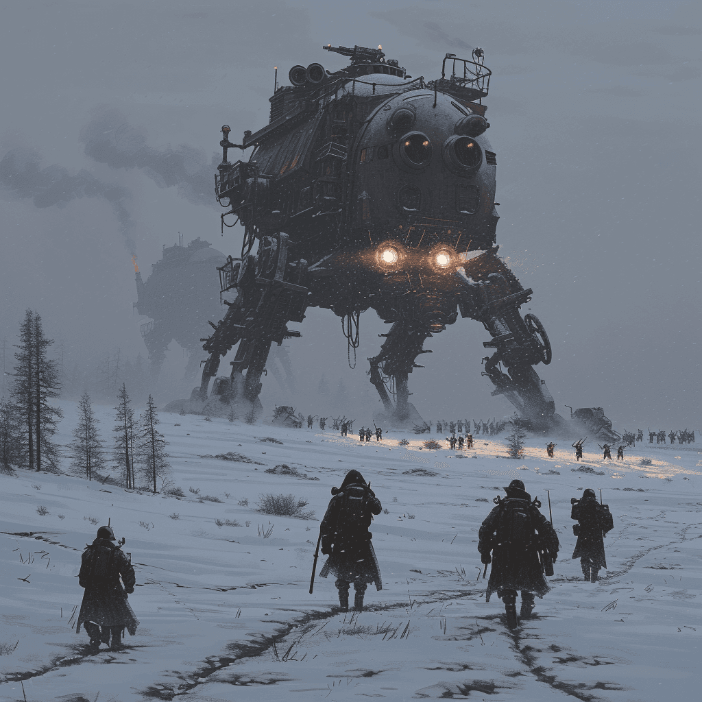 AI generated: Jakub Rozalski's Historical Fantasy: In a snowy landscape, a massive, steam-powered automaton bears ...