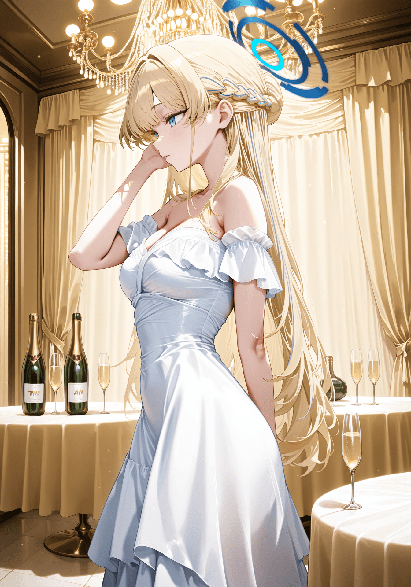 White layered off-shoulder gown
