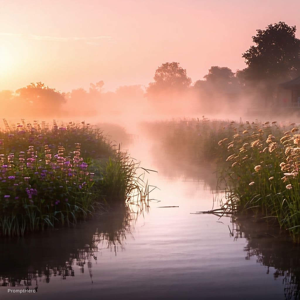 AI generated: Scenery: "Mist"—a summer stream at dawn, with mist veiling the meadow. A sense of cool restraint. Pi...
