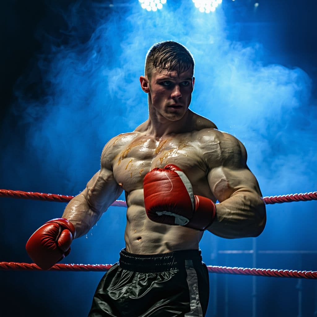 AI generated: 
photograph,a muscular boxer in the ring flexes his chiseled biceps, sweat glistening under the brig...