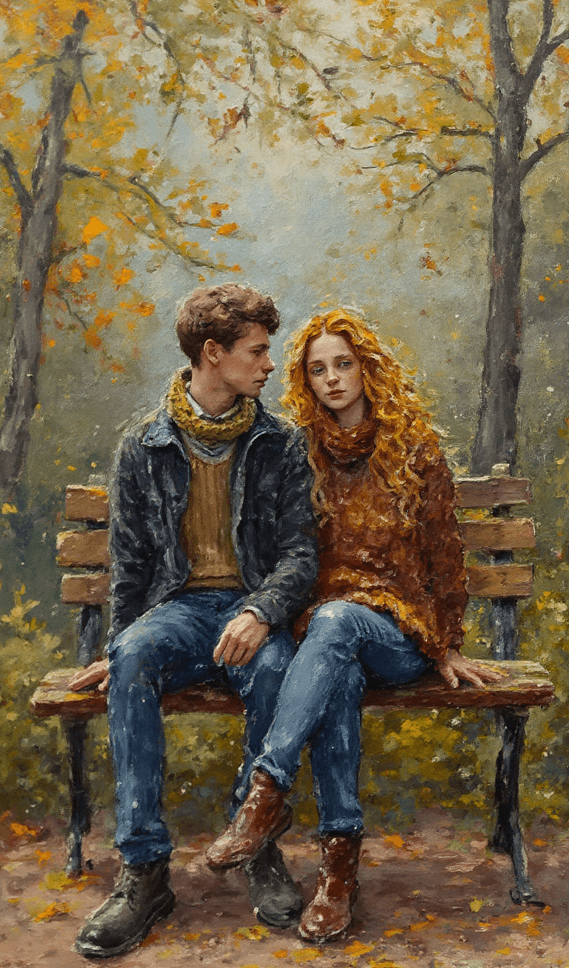 AI generated: Oil painting on canvas of a couple in love sitting on a park bench in everyday clothes. Broad, gestu...