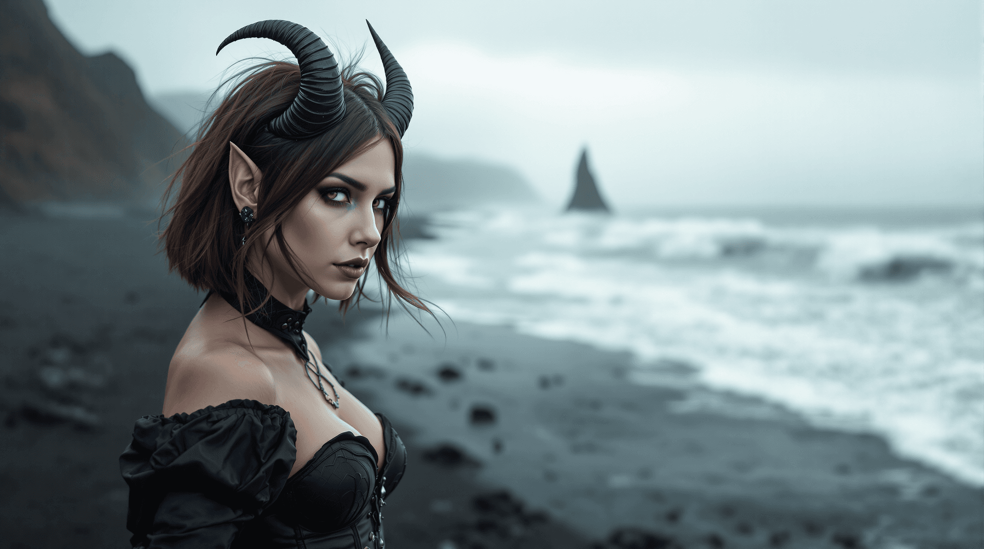 AI generated: Distant view, wide angle photo of A female Cambion (more human than demon look, age: early 20) human...