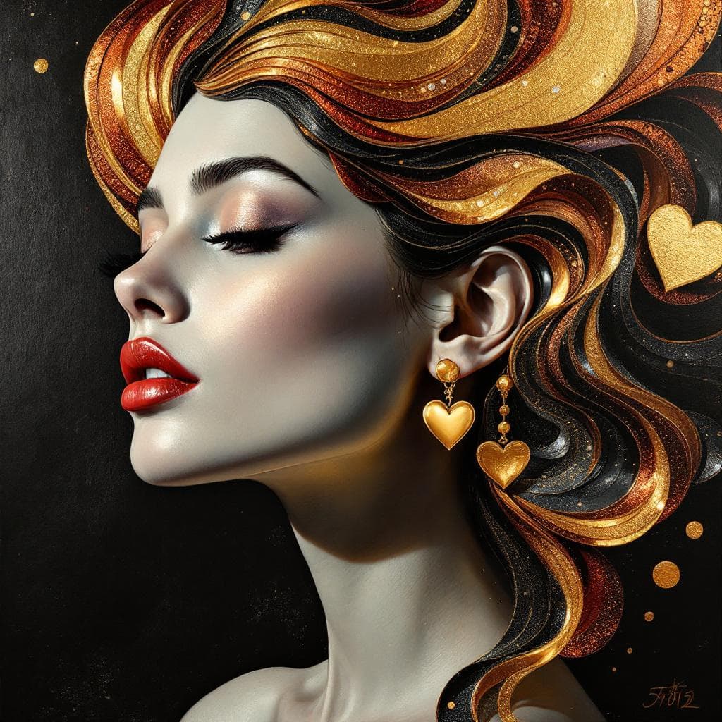 AI generated: Elegant impasto oil painting in high relief, close-up side profile of a woman with smooth, luminous ...