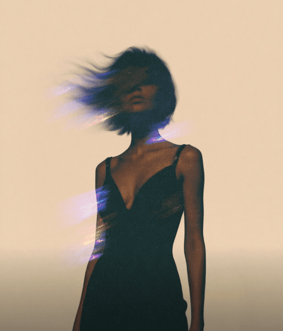 AI generated: A surreal, low-angle portrait of a woman dressed in an eveningwear elegant black dress, standing aga...