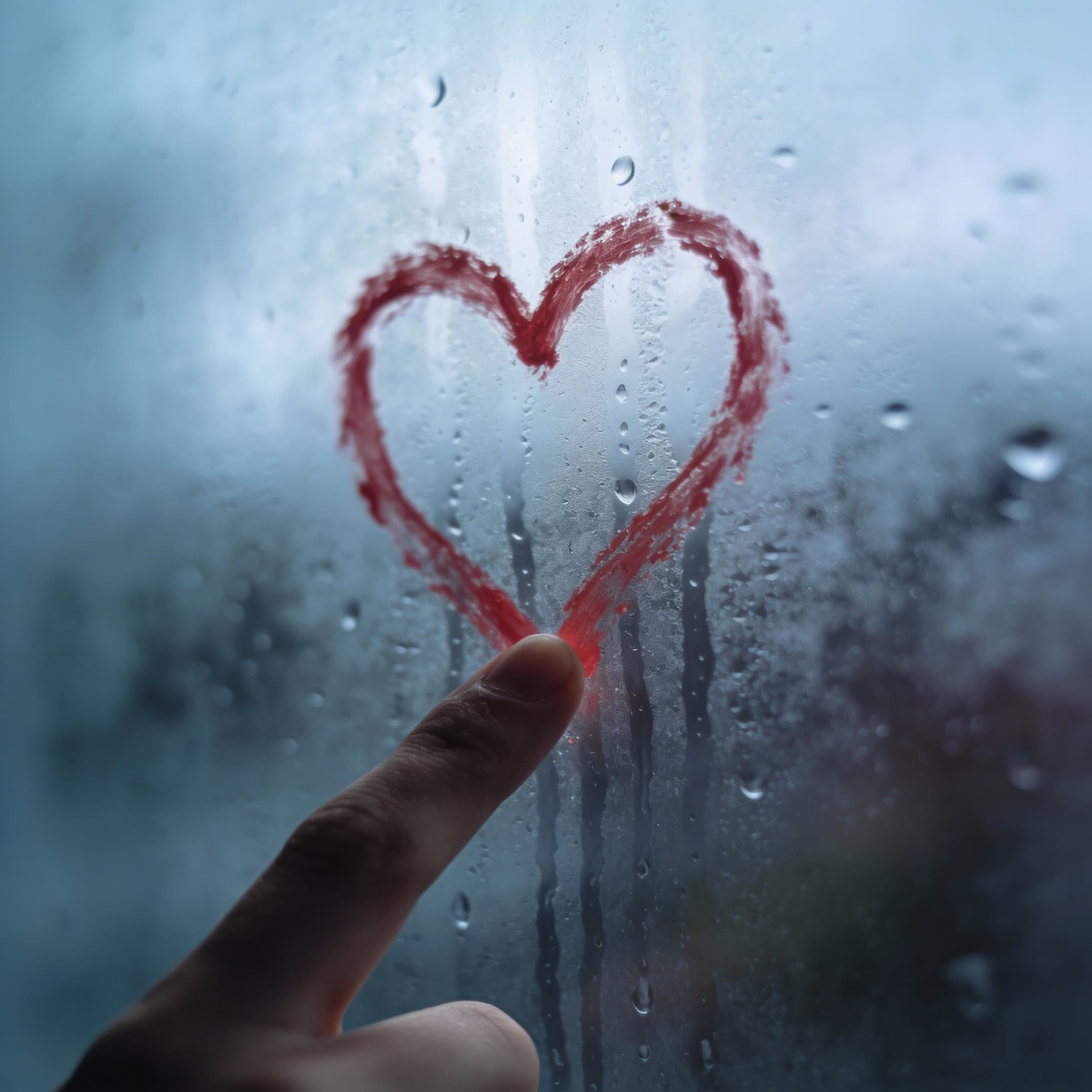AI generated: Foggy window with a red heart drawn by finger, water droplets slowly sliding, melancholic atmosphere...