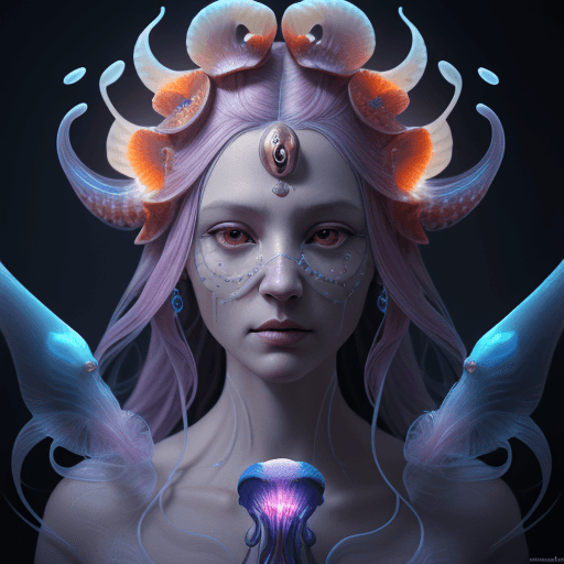 AI generated: Goddess close-up portrait ribcagel. jellyfish phoenix head, nautilus, orchid, skull, betta fish, bio...