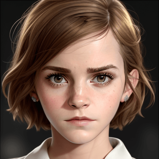 AI generated: Emma Watson, Extreme close-up face, symmetrical face,sad.
