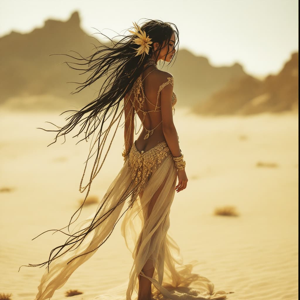 AI generated:  /Imagine burning man desert woman stands in desert standing, in the style of light black and gold, ...