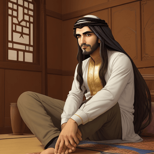 AI generated: arabic man, sitting in his old house, face, 23years old, drinking arabic coffe, anime style, long ha...