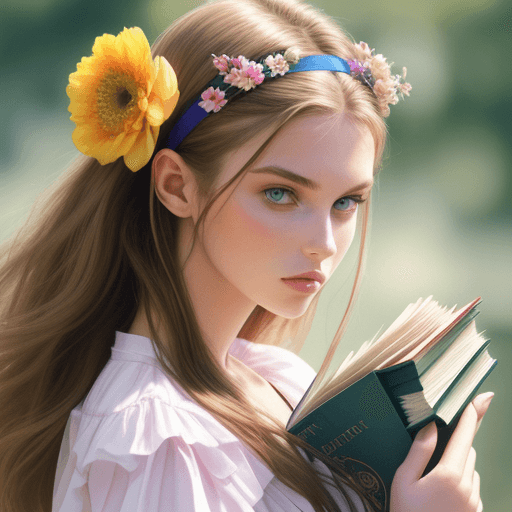 AI generated: disposable photography of beautiful fashion model, wearing huge hairband mastered with books remindi...