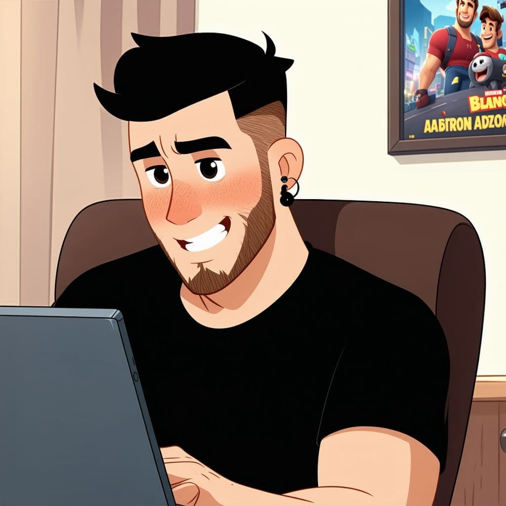 AI generated: A 28-year-old man with short, black, cartoon-style hair is sitting in a reclining chair, with an ani...