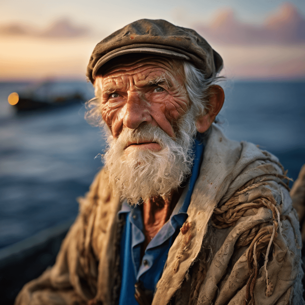 AI generated: An 80-year-old weathered fisherman, dressed in tattered fishing gear and sporting a grizzled beard, ...