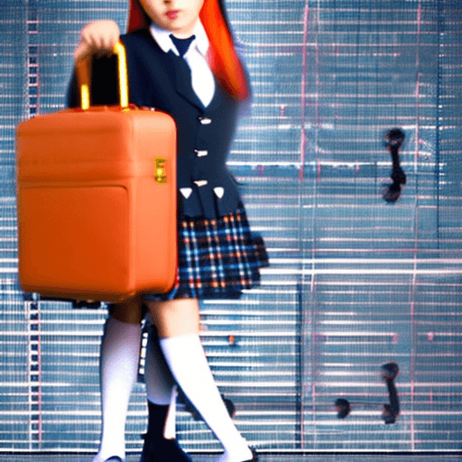 AI generated: masterpiece, mid shot, arafly dressed woman with orange hair and a suitcase, a portrait inspired by ...