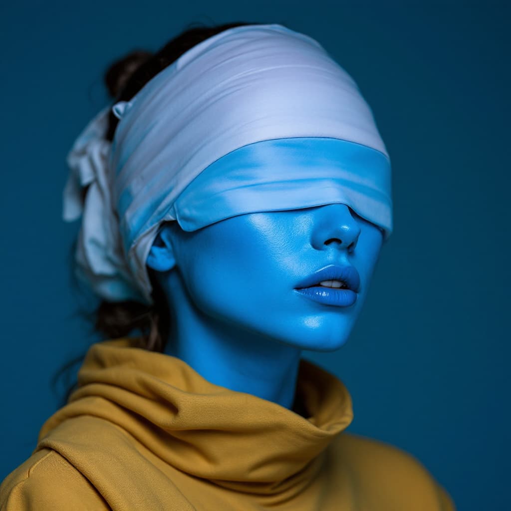 AI generated: full body picture of a blue skinned woman wearing a blindfold.

