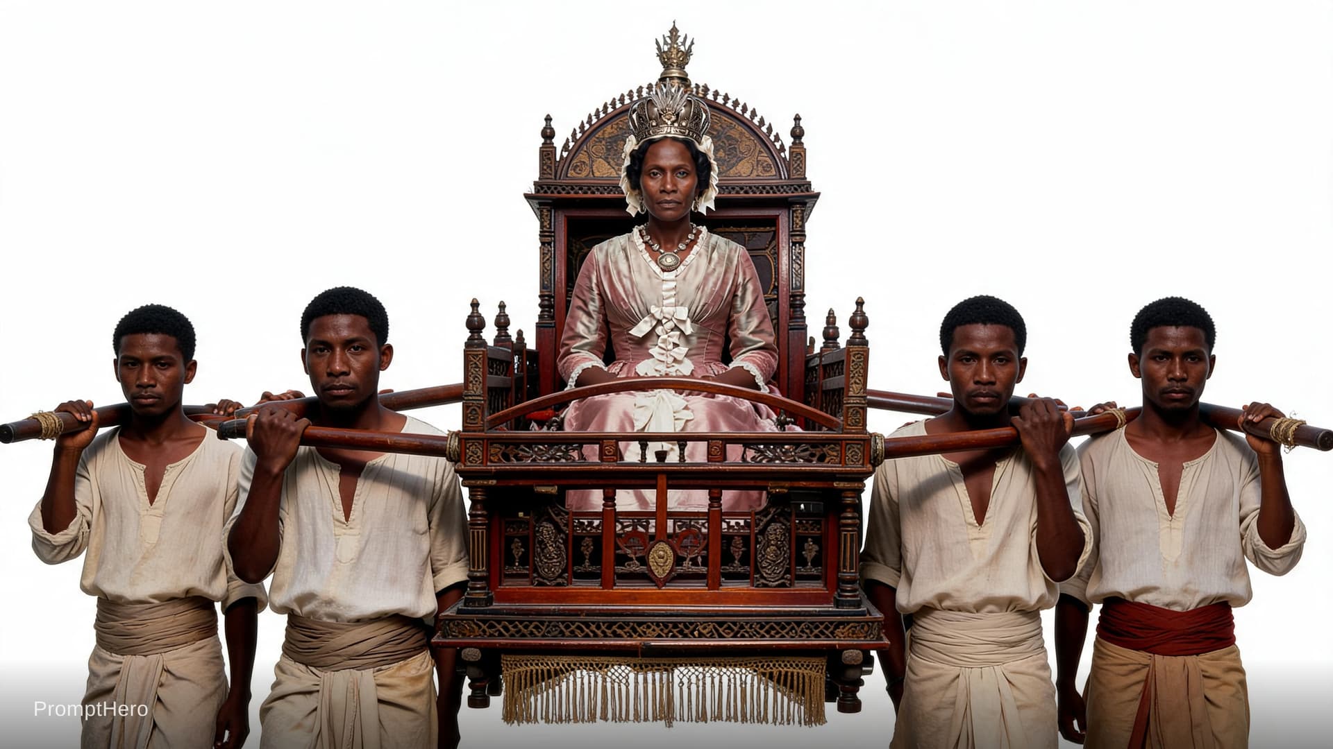 AI generated: can you add the woman from input image to be ride palanquin, known locally in Madagascar as a filanz...