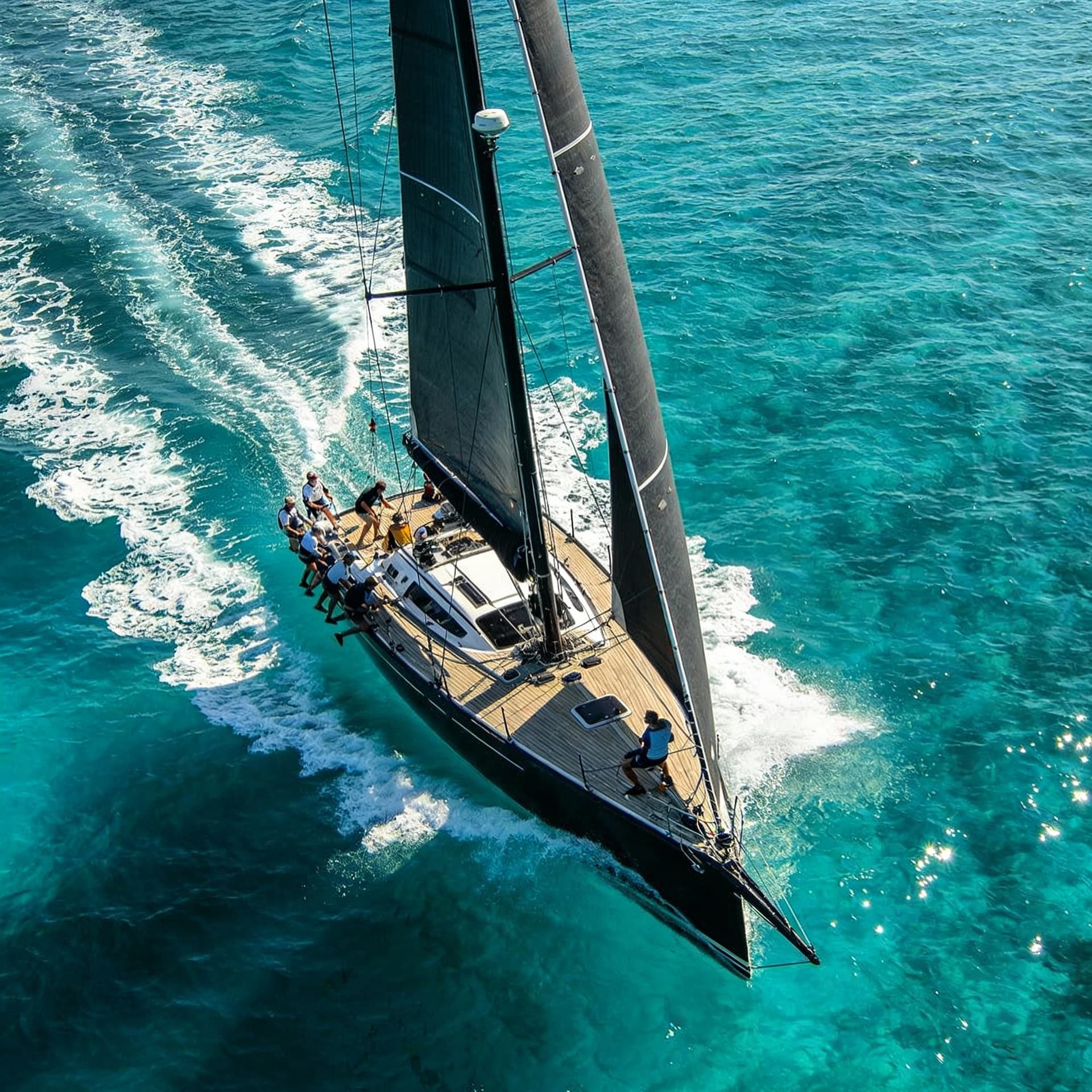 AI generated: Aerial drone photography of a professional racing sailboat cutting through the ocean during a regatt...