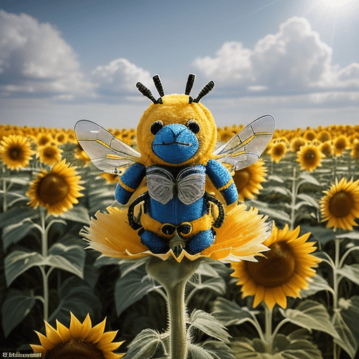 AI generated: An intricately detailed plush bumble bee with blue and yellow fur sits on the edge of a massive sunf...
