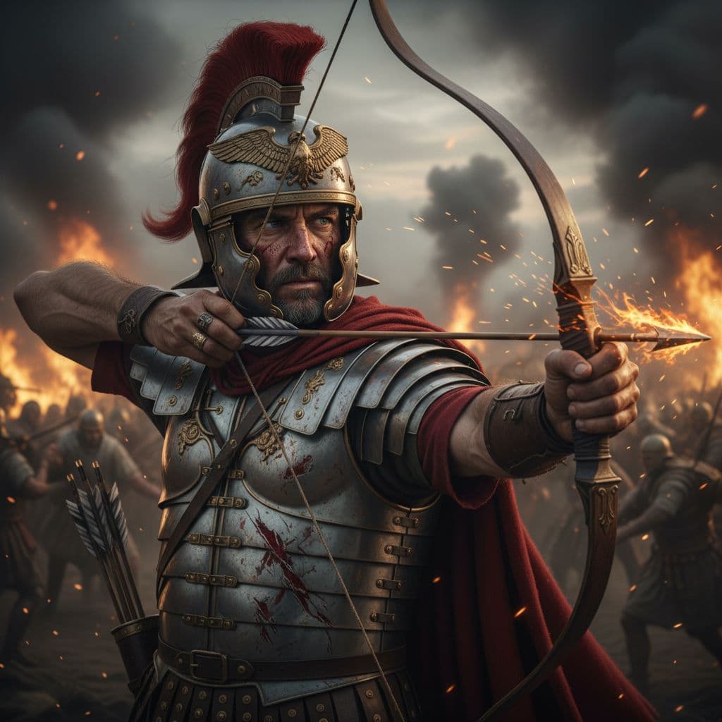 AI generated: Close-up shot of a battle-hardened Roman Centurion archer in the midst of a fierce battle. He is dra...