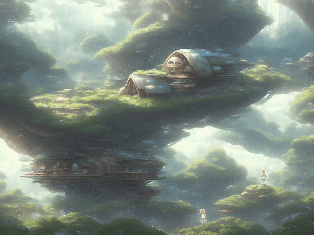 AI generated: Digital 2D, Miyazaki's style, ultimate detailed, tiny finnest details, futuristic, sci-fi, magical d...