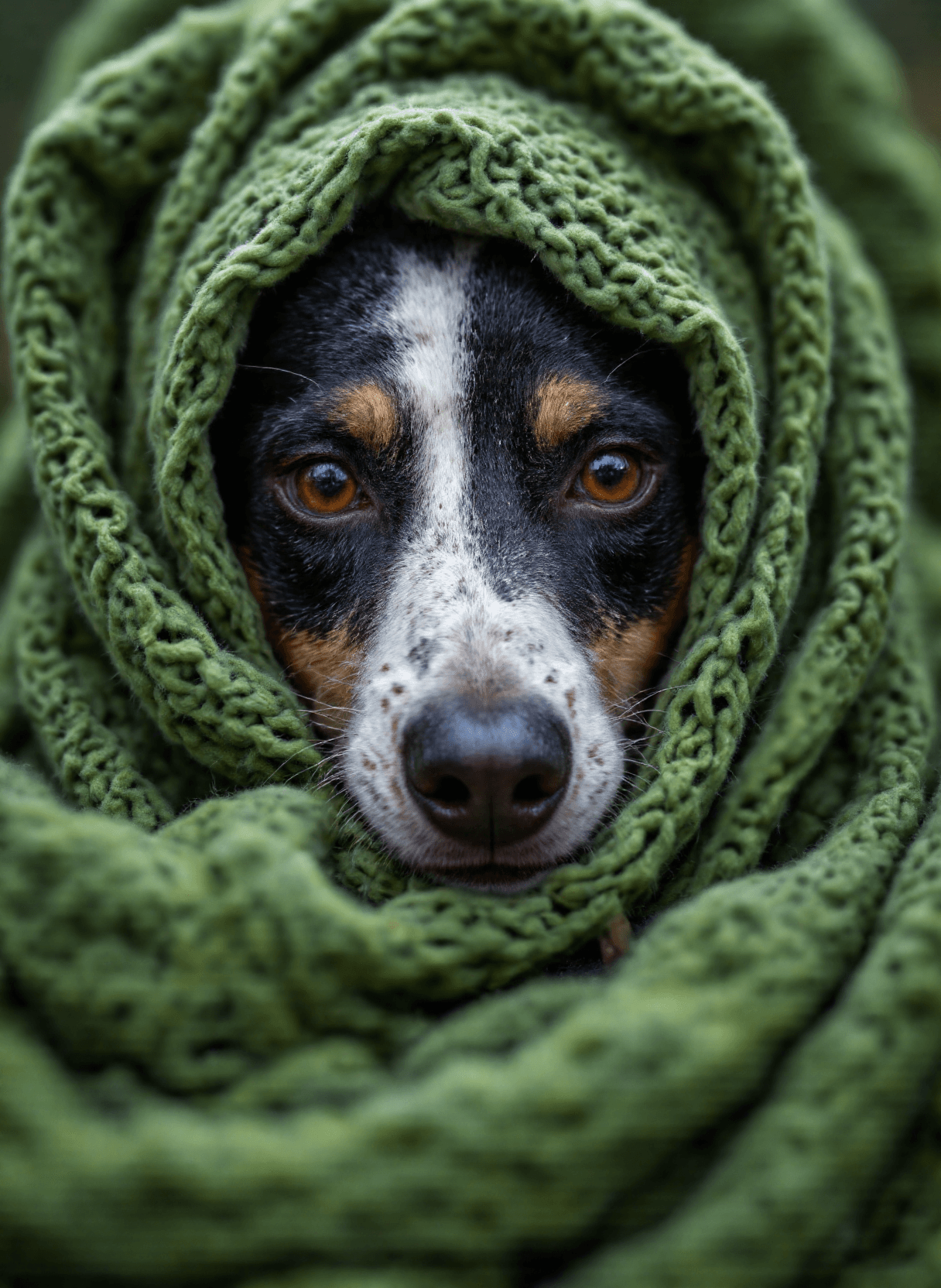 AI generated: POV a dog poking its head through green knitted fabric: The image depicts a close-up of a dog's face...