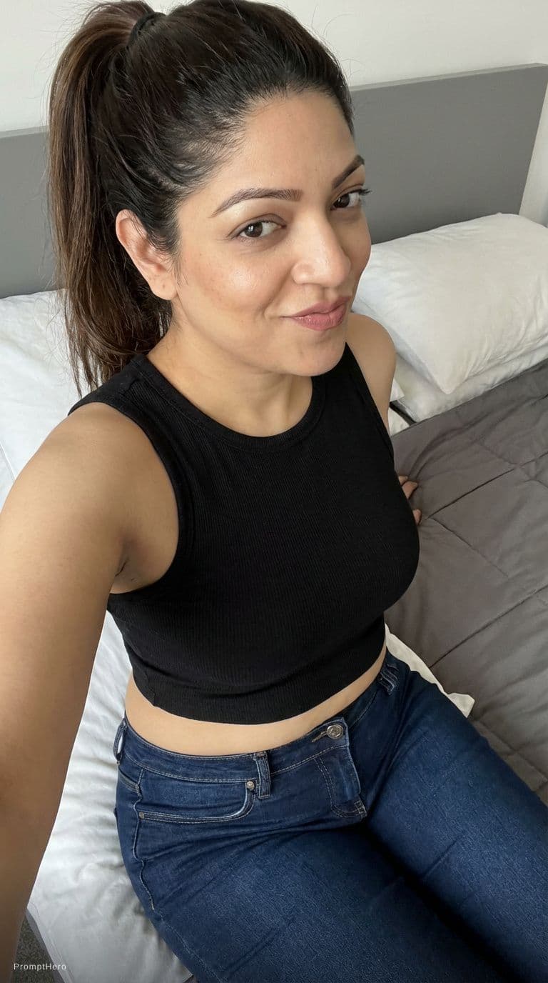 AI generated: Make her wear a cropped tanktop and fit formous jeans, ponytail hairstyle, sitting on a bed almost l...