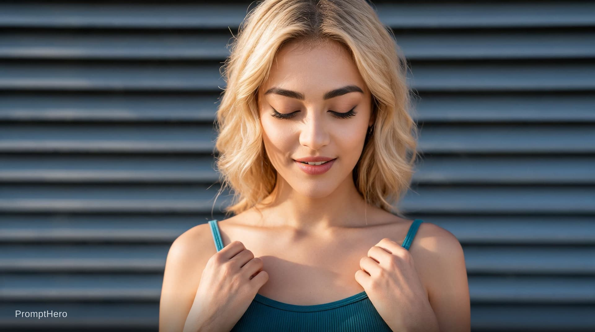AI generated: A photorealistic portrait of a woman with soft blonde hair styled in loose waves, swept back from he...