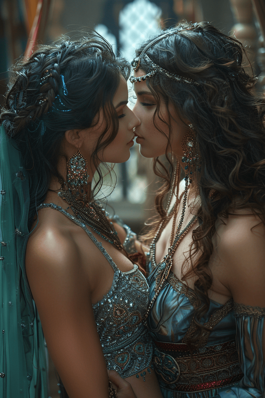 AI generated: a beautiful Turkish bellydancer, and a beautiful Russian Goddess are kissing each other passionately...