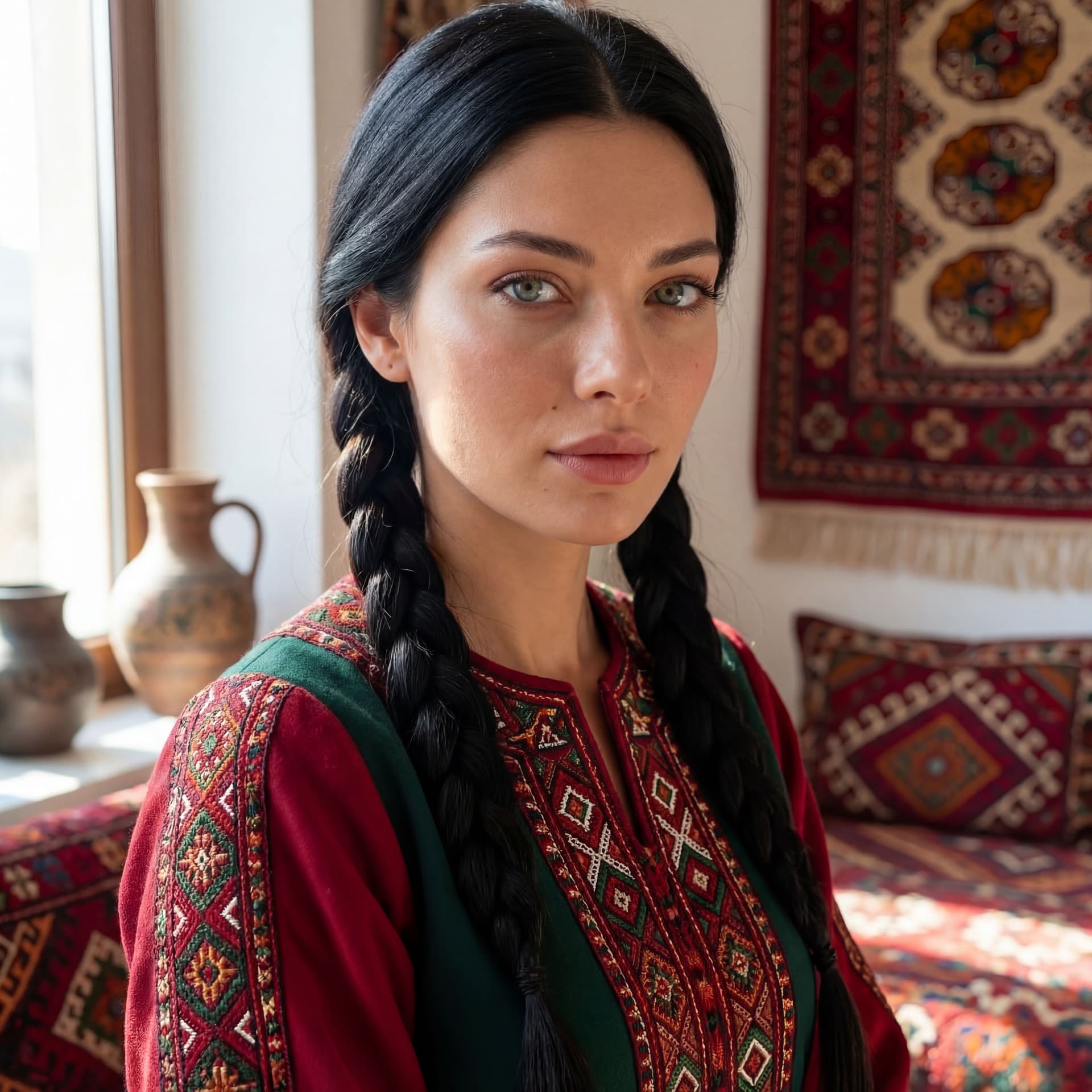 AI generated: Ultra realistic portrait of the same person in the reference photo, wearing traditional Turkmen wome...