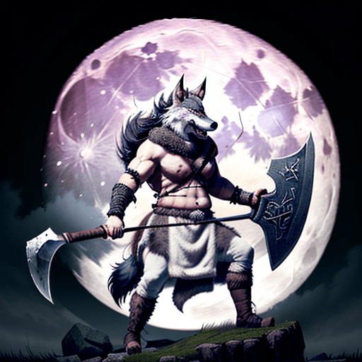 AI generated: a viking wolf wearing a blindfold over its eyes carrying a axe with a full moon behind him, hyper re...