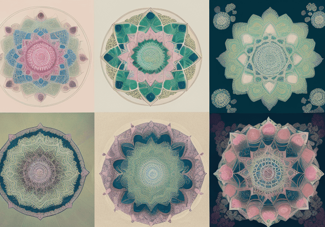 AI generated: a collage of six mandalas in delicate colors