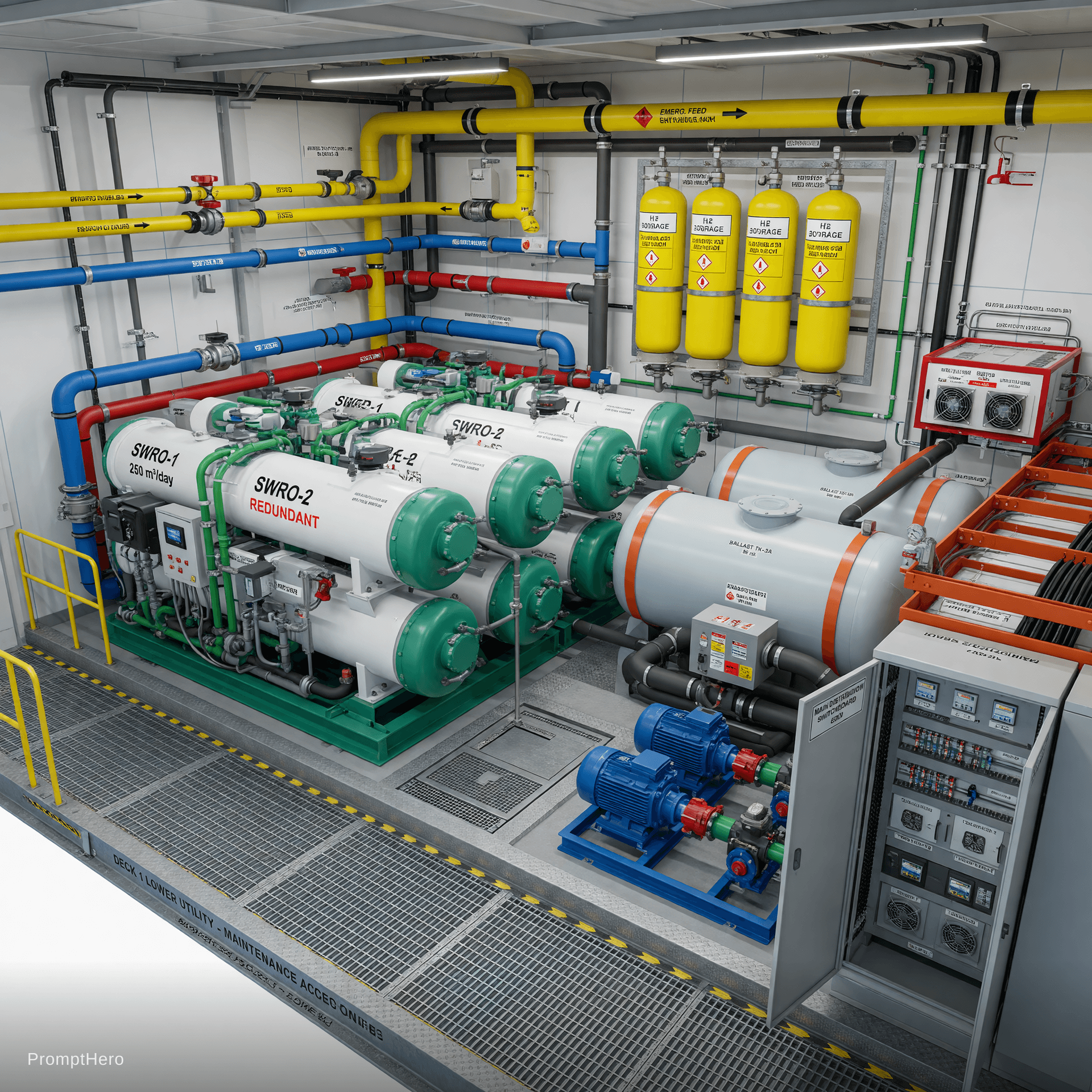 AI generated: Highly detailed technical interior close-up of Deck 1 lower technical area on Projekt Nomad, clean e...