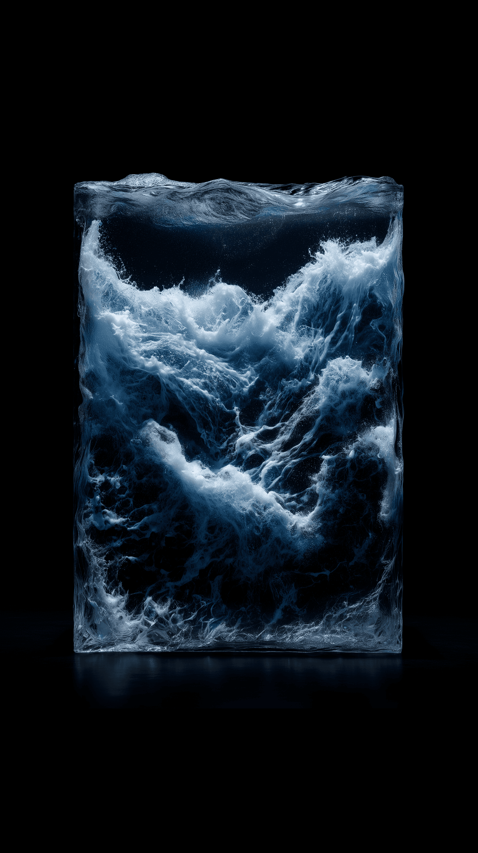 AI generated: conceptual image, waves in a clear box, solid black backdrop --ar 9:16 --raw --profile f775fdj --sty...
