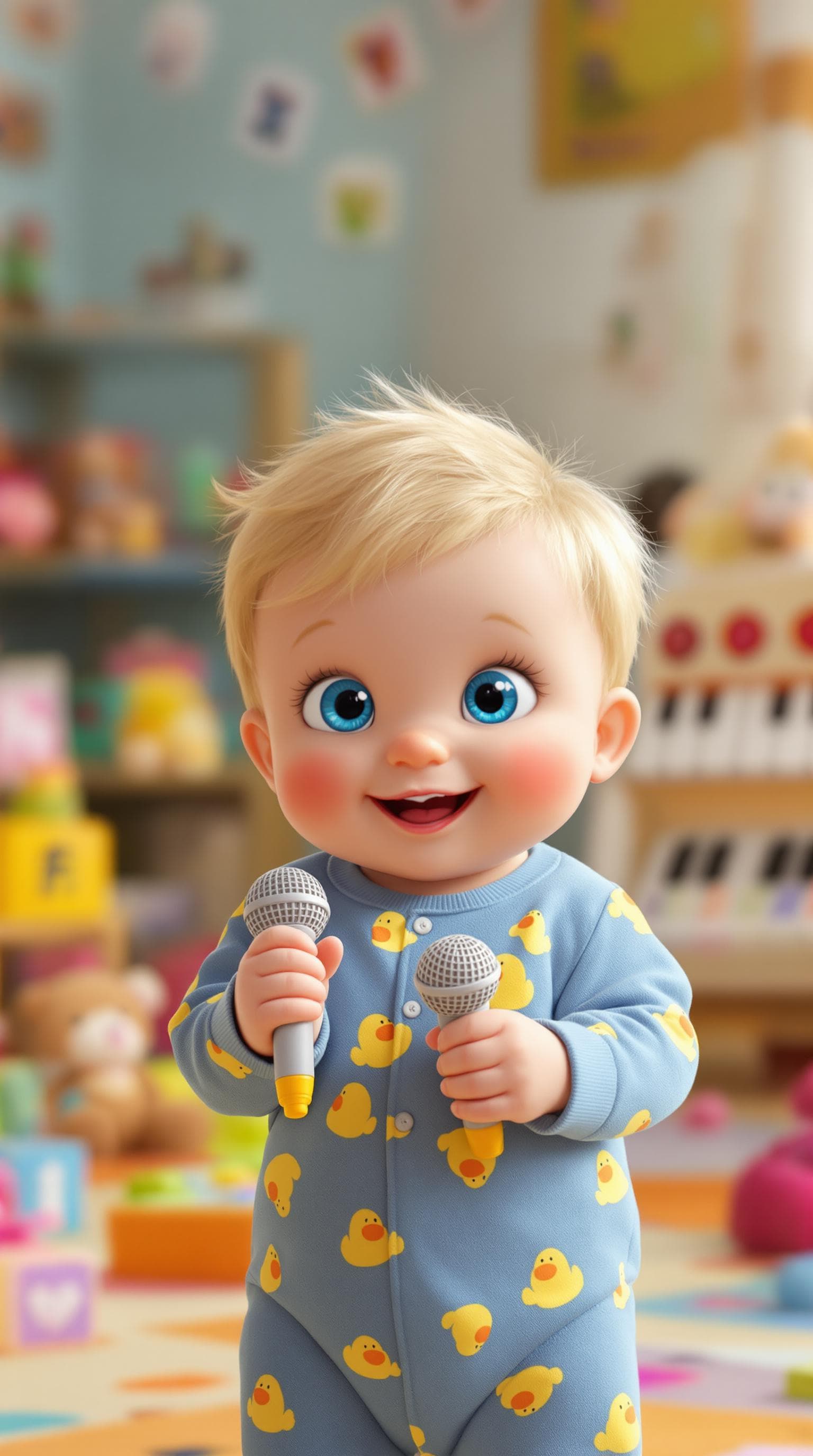 AI generated: A hyper-realistic image of a toddler boy, inspired by Cocomelon, with bright blue eyes, a round face...
