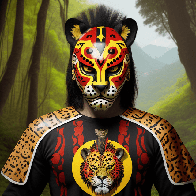 AI generated: man with jaguar warrior helmet mask with jaguar-style spots, wooden mask, fine wood details, zoque i...