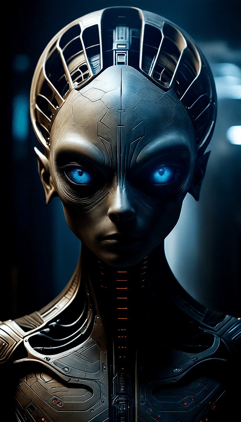 AI generated: The image features a futuristic, an alien with blue eyes, standing in a dark environment. The alien ...