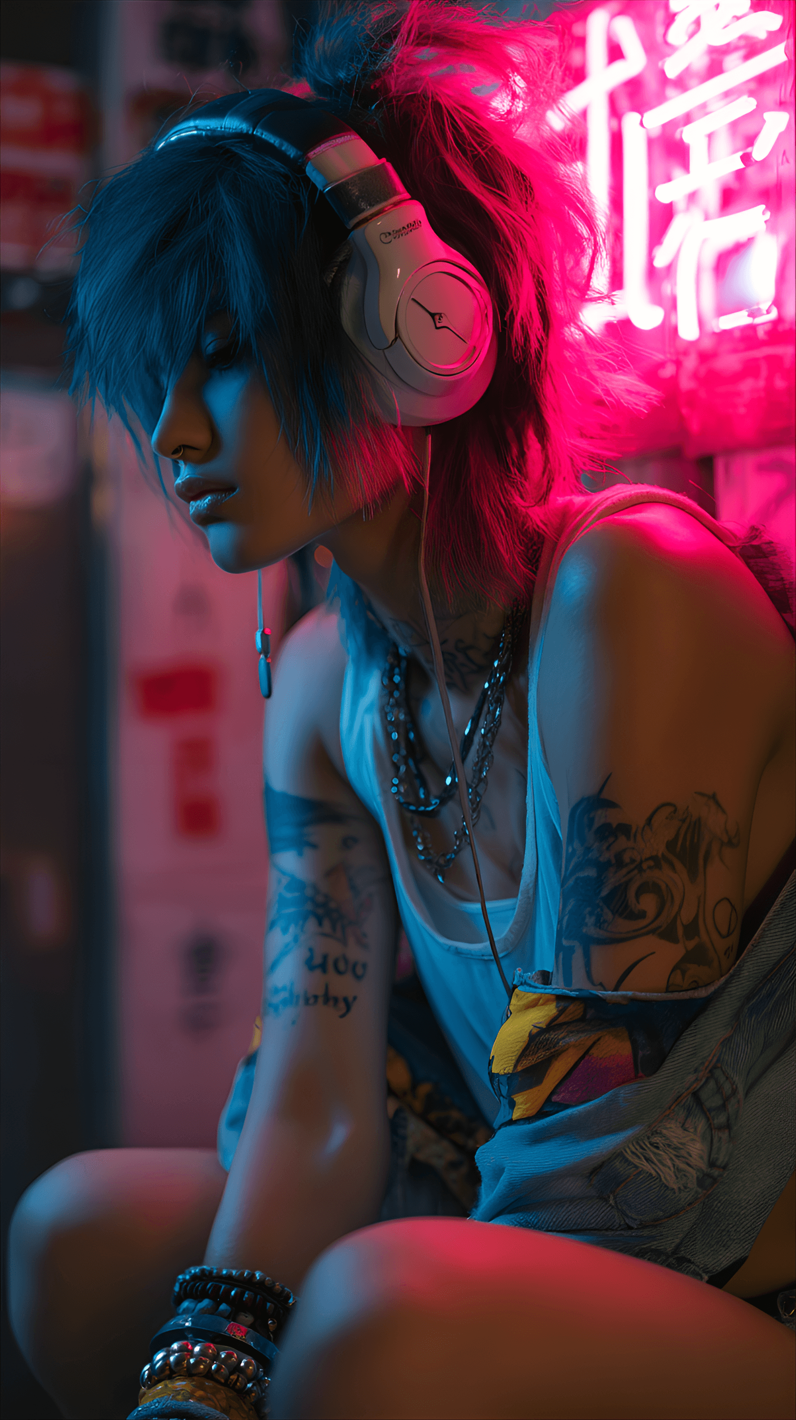 AI generated: character wearing headphones, lost in music, dark room lit by neon signs, any, Enthusiastic, Listeni...