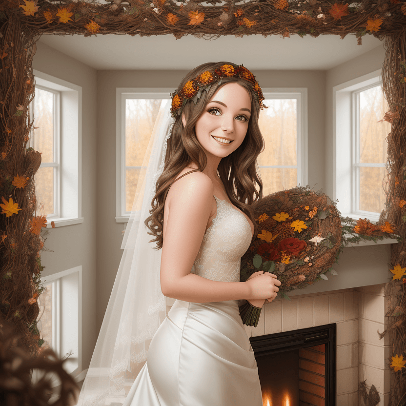 AI generated: plan of the bride with a smile on her face and an autumn wreath on the background of the fireplace a...