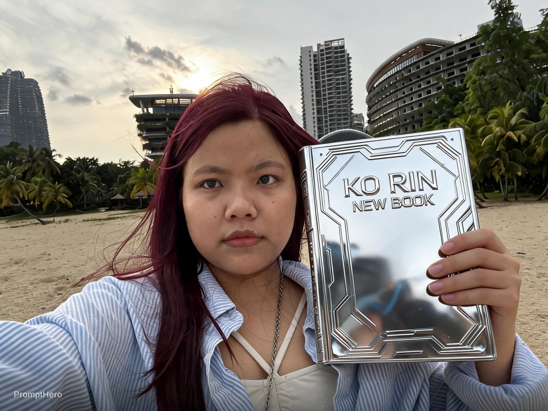 AI generated: ko rin's new book in a silver, in the style of futuristic glamour, official art, unreal engine 5, go...