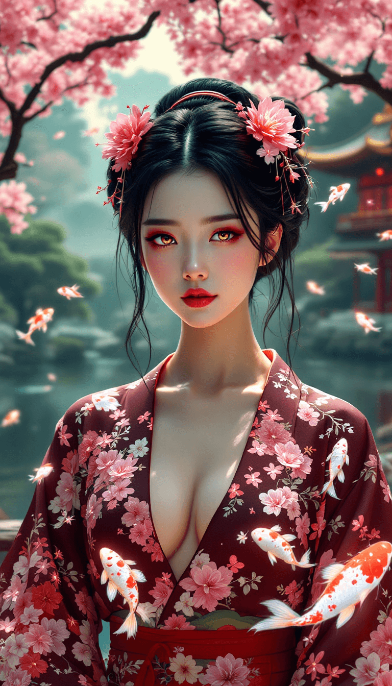 AI generated: A mesmerizing portrait of a woman in a deep V-neck top, combining elements of Japanese ukiyo-e art a...