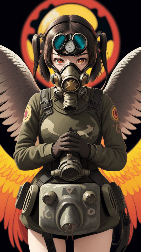 AI generated: complex background portrait of little 
Angel woman. Wearing a gas mask. Prominent eyes, complex back...