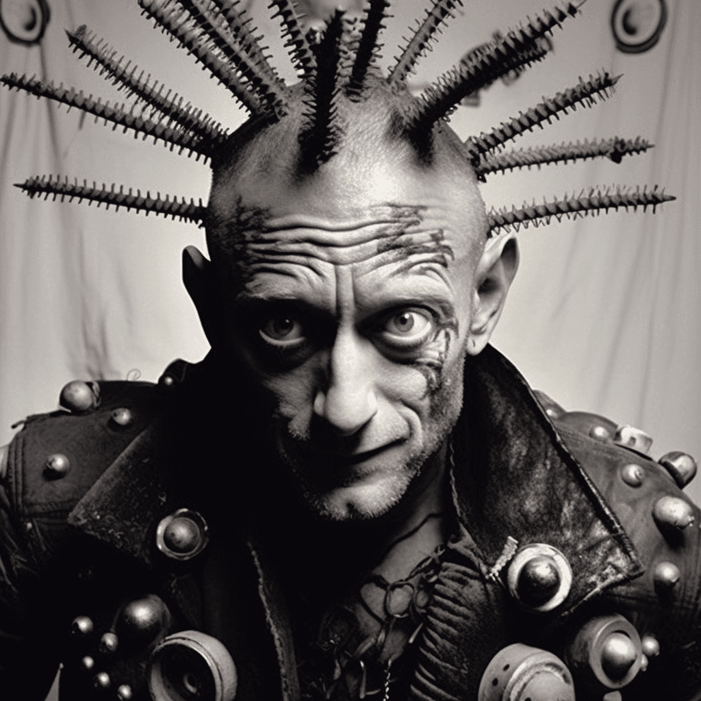 AI generated: weirdpunk to the max on steroids by Roger Ballen and Jamie Hewlett, ture! ! , full figure photograph...