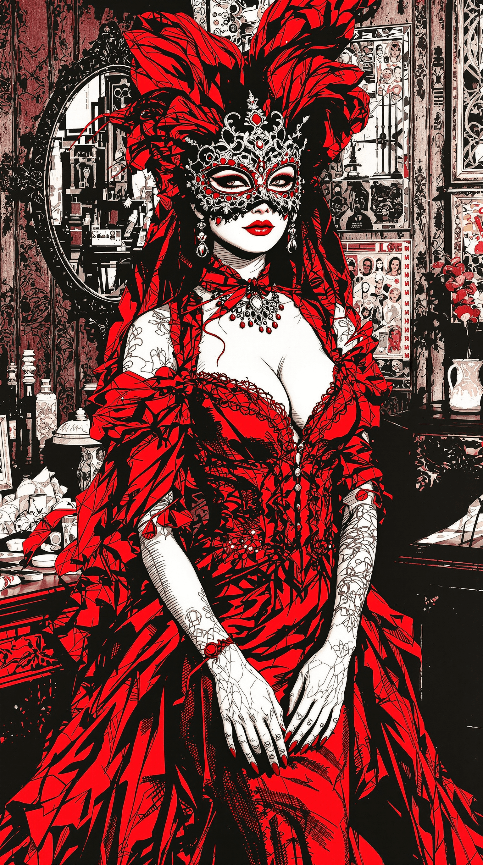 AI generated: Ink portrait of a yandere asian femme fatale in expensive red dress, masquerade mask, body pose, sta...