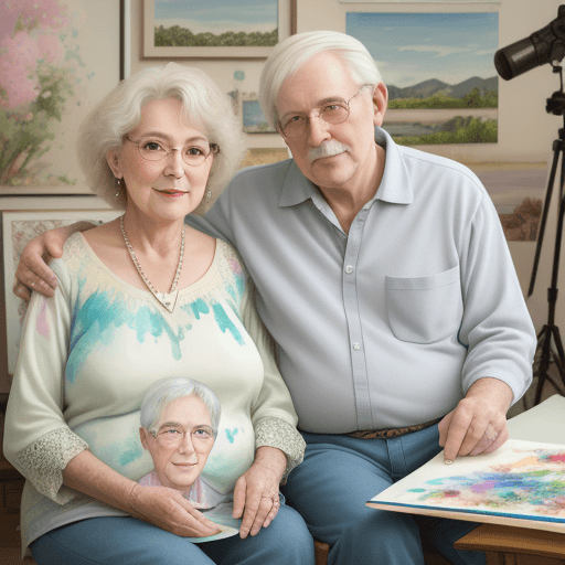 AI generated: concept promotion photo of good-looking 60ish year-old couple who are watercolor and soft pastel art...