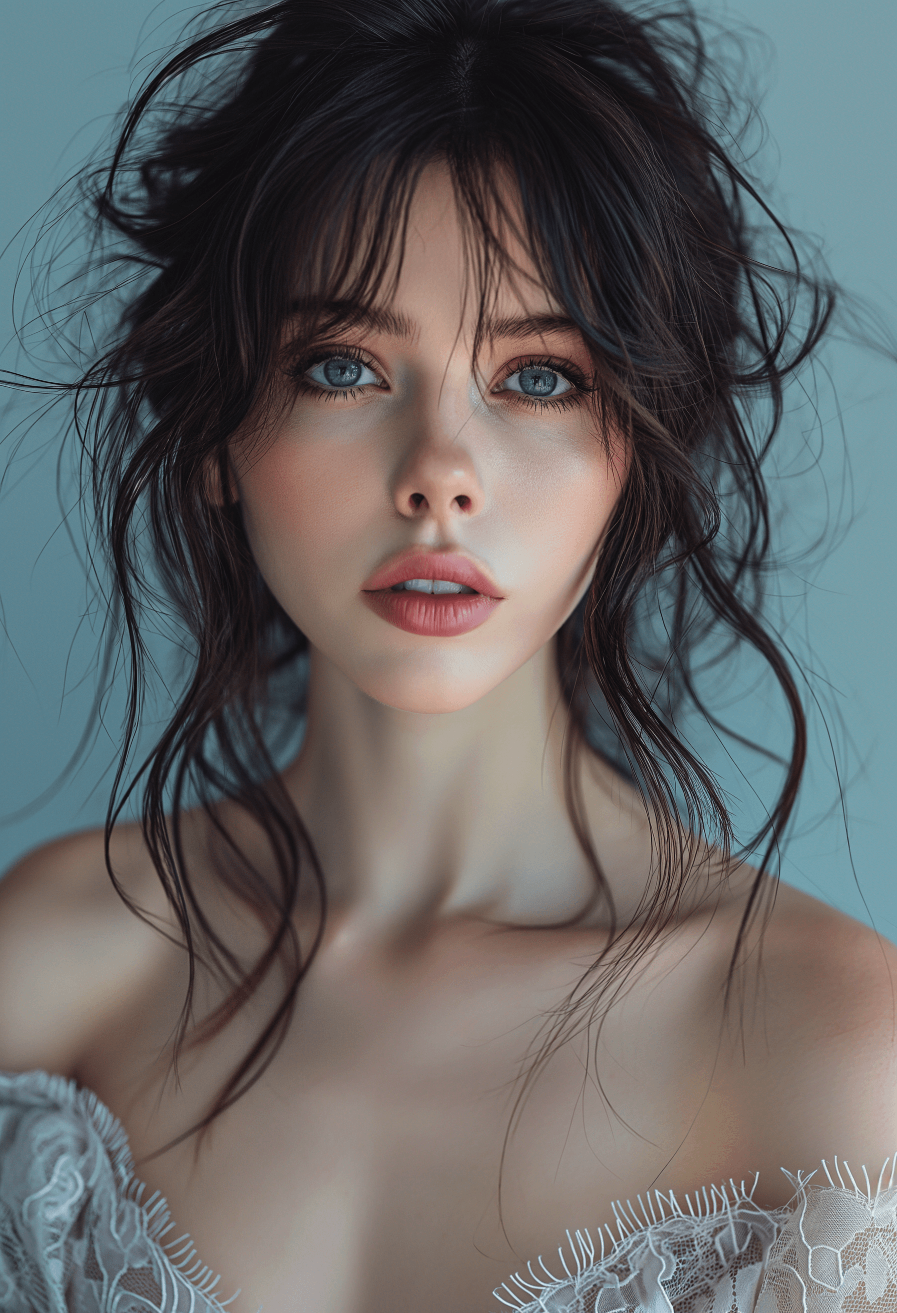 AI generated: photo featuring a model for a selfie, dark brown hair color, deep gaze, faint smile, in the style of...