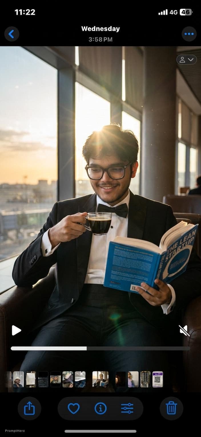 AI generated: Generate a photo of a business man sitting on a chair reading a book in his hand and drinking coffee...