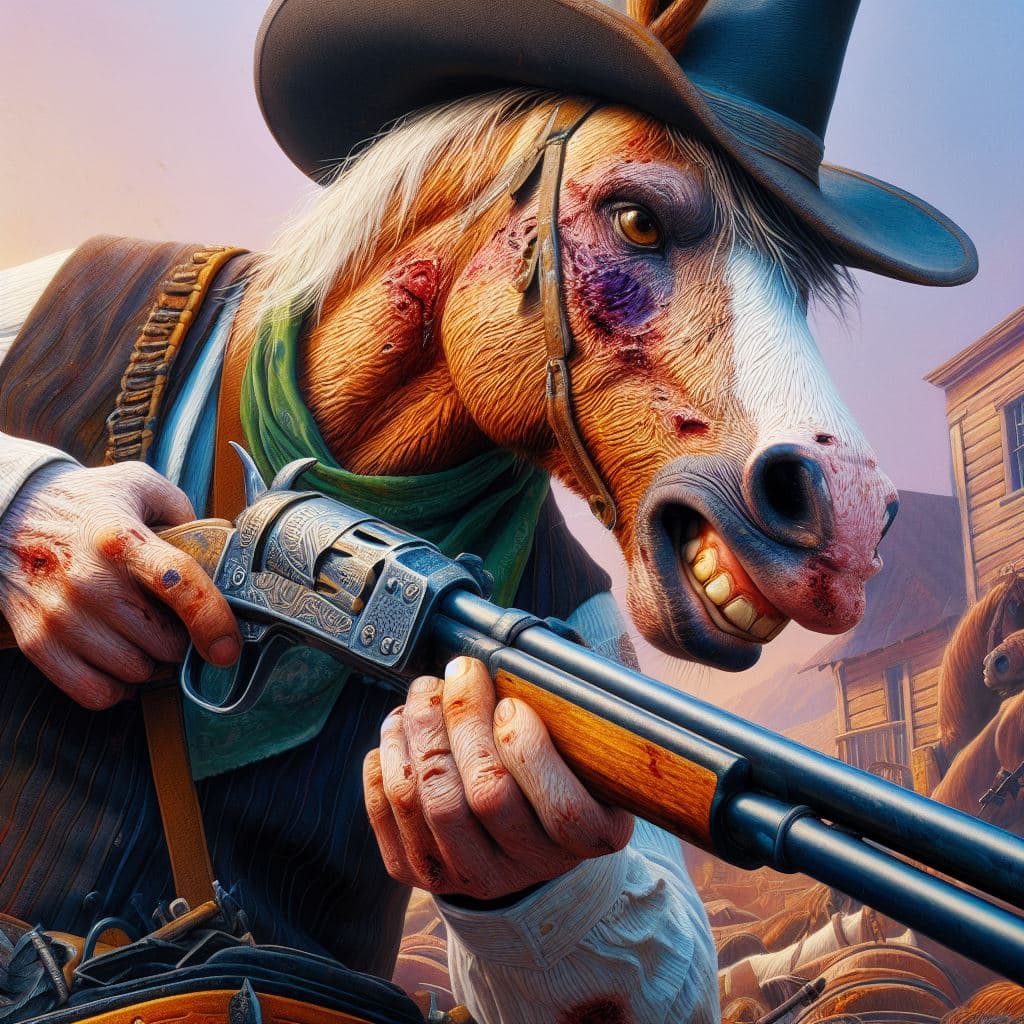 AI generated: Anthropomorphic horse bandit fighting bruises on his face with an old west rifle. in dynamics, highl...