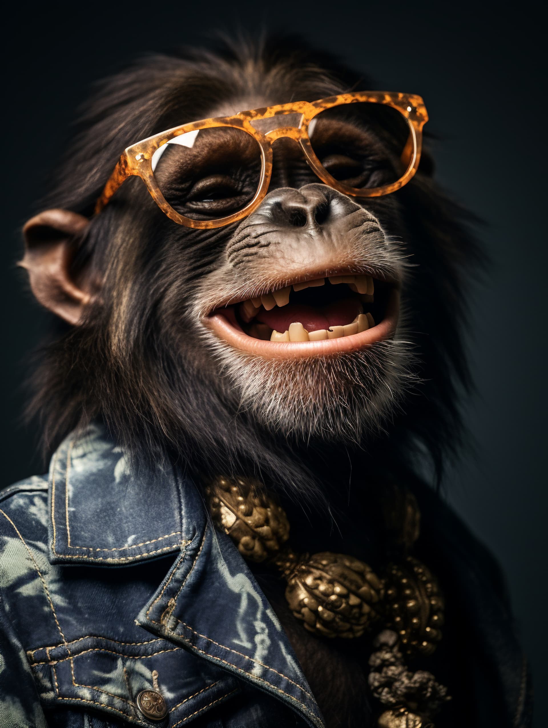 AI generated: Portrait of a chimpanzee in lion skin wearing glasses and a jeans jacket while smiling broadly, clea...